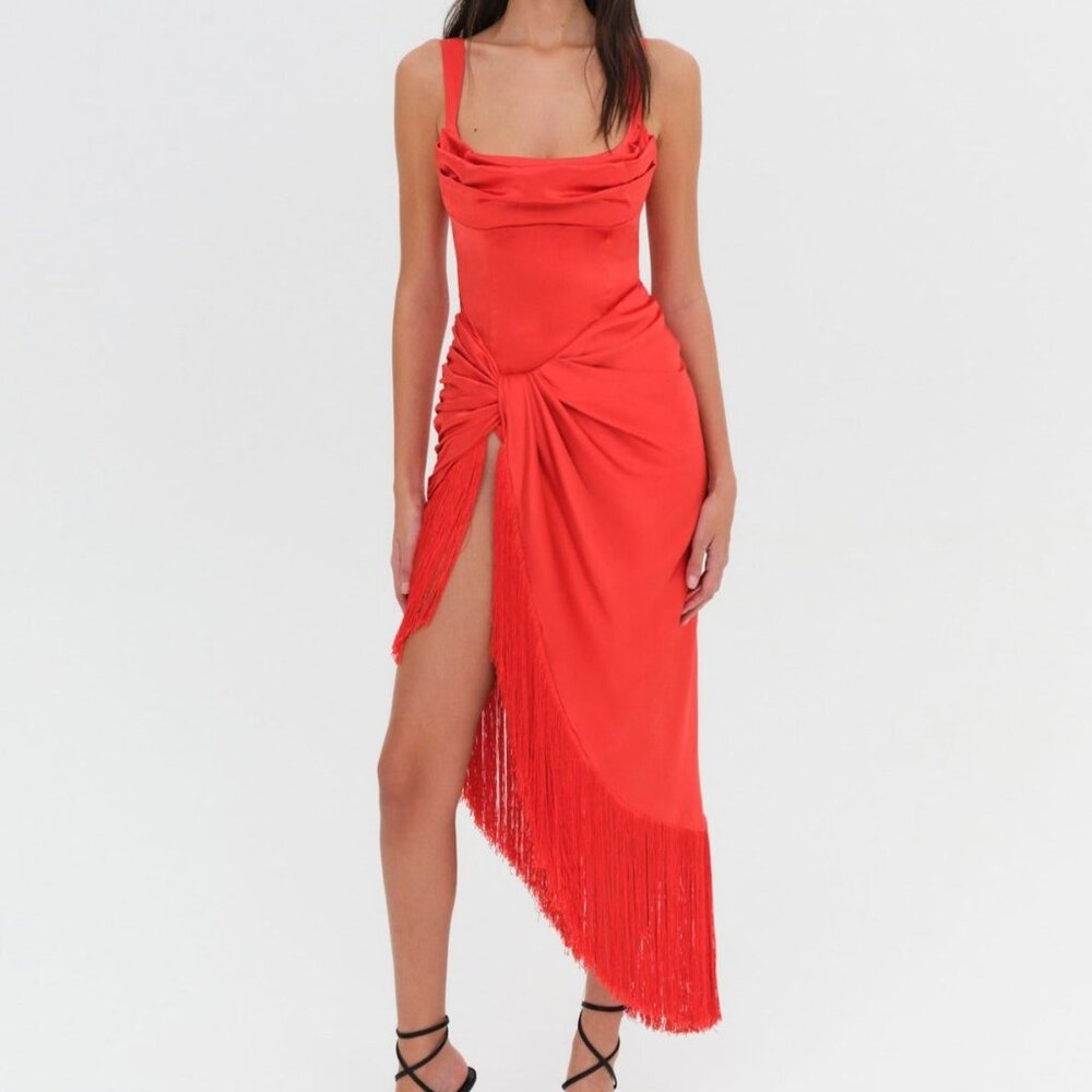 For Love & Lemons Anisa Fringe Midi Dress Size XS / Red